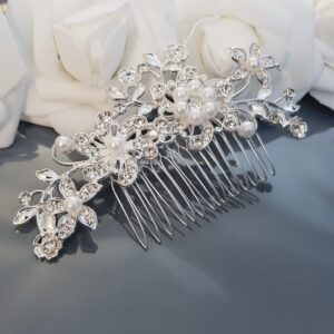 Prabangus plaukų aksesuaras su perlais ir kristalais – dekoratyvinė šukelė vestuvėms, 12cm