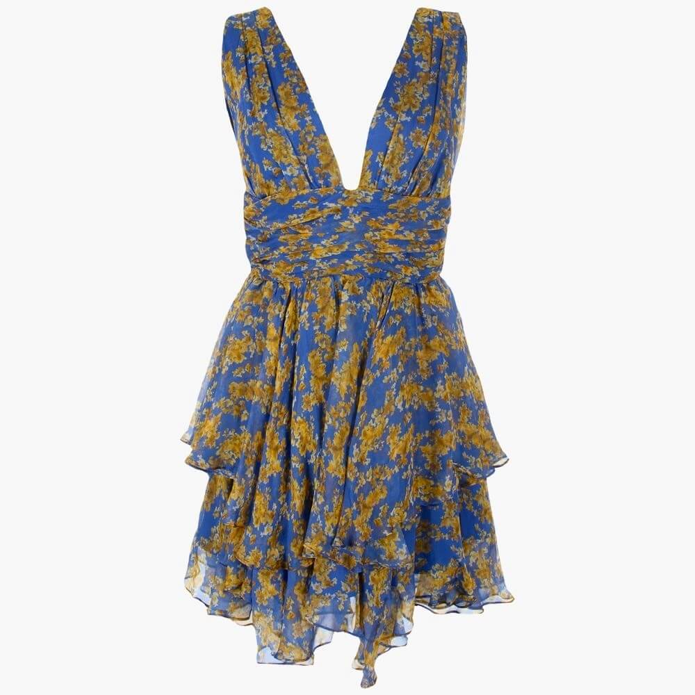 Caroline Constas Paros mėlyna gėlių rašto šilko-šifono mini suknelė