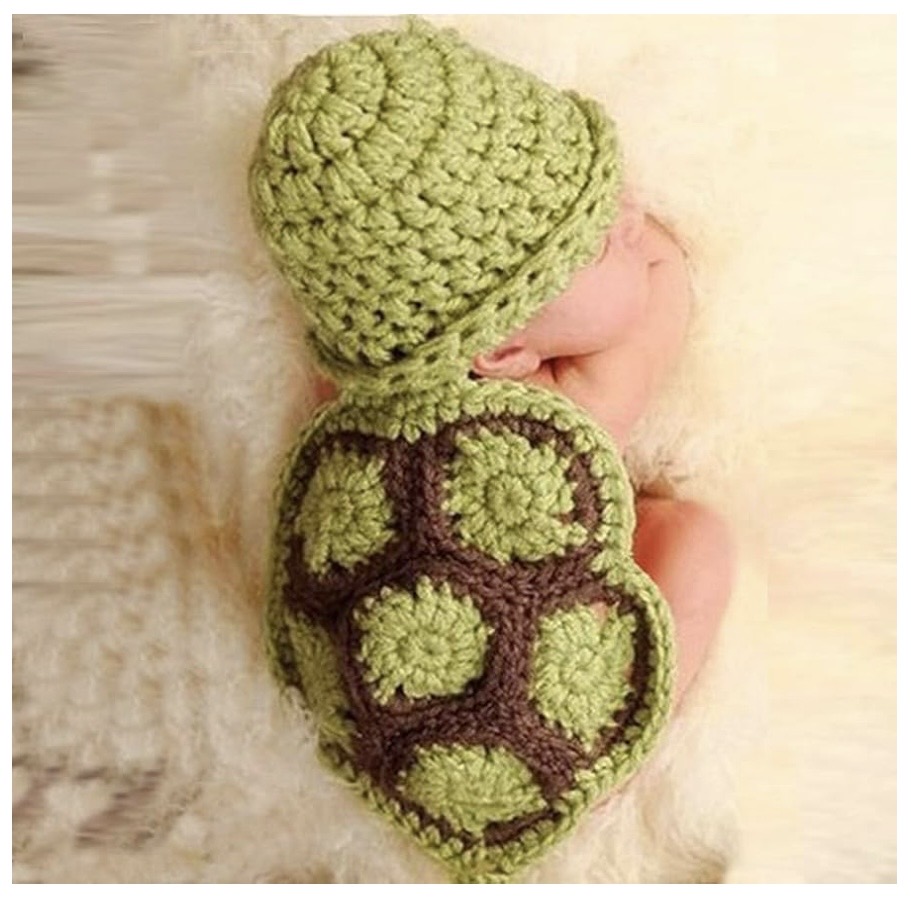 Megztas vėžlio kostiumėlis naujagimiams – fotosesijų aksesuaras